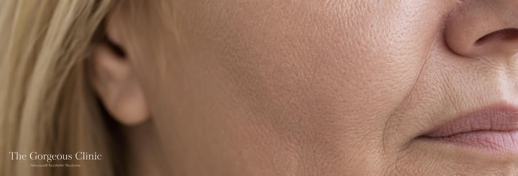 Photorealistic close-up of mature skin texture on a cheek in soft clinical lighting, showing natural pores and fine lines. Focused single focal point, ample negative space, editorial quality, realistic texture, calm flattering light, no retouching, photorealistic.