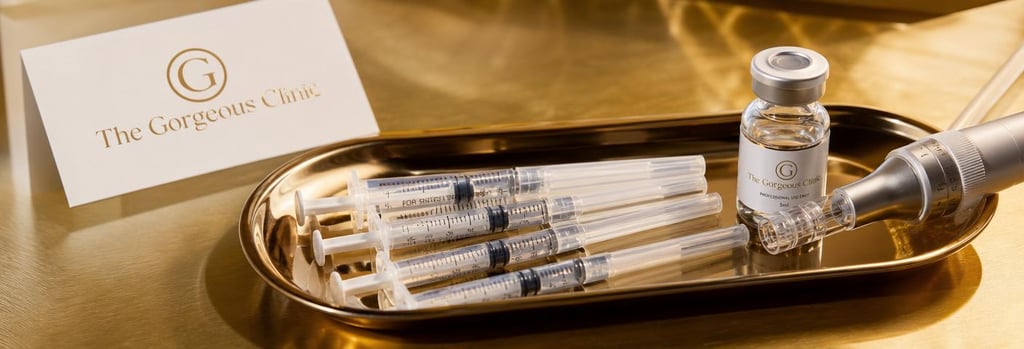 Photorealistic still life of medical aesthetic tools: a sterile tray with capped syringes, a small vial, and a micro-needling pen head on a brushed-gold surface. Editorial feel, single focal point, soft flattering light, realistic textures, photorealistic.