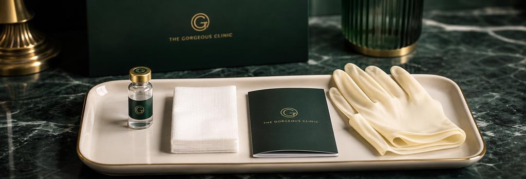Photorealistic composition of aftercare objects on a cream ceramic tray: a small sealed vial, sterile gauze, a neatly folded aftercare leaflet (no readable text), and a pair of latex gloves. Calm flattering light, single focal point, clinical-luxury styling with forest-green and gold accents, photorealistic.