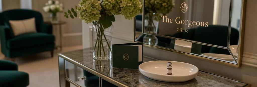 Photorealistic consultation scene detail: polished mirror on a reception console, an elegant appointment card (no readable text), forest-green upholstery visible in the background and a cream ceramic tray with a single vial. Editorial composition, shallow depth of field, premium clinical-luxury mood, photorealistic.