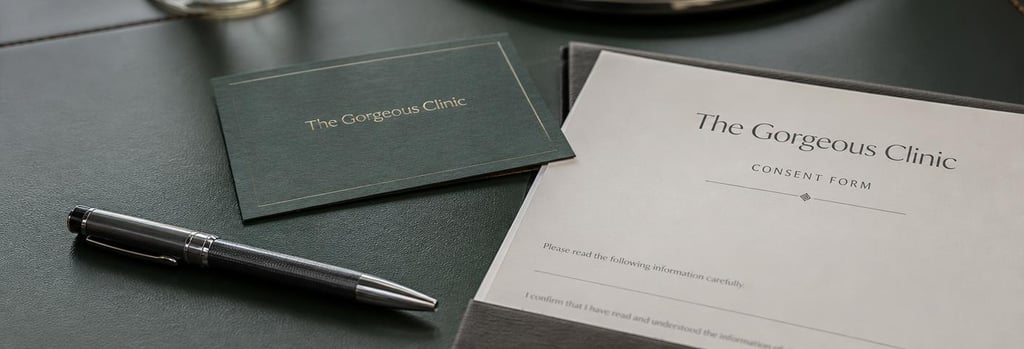 Photorealistic close-up of a consultation corner: polished pen, appointment card without readable text, and folded consent form on a dark forest green surface, single focal point, soft editorial lighting, premium clinic detail, no people