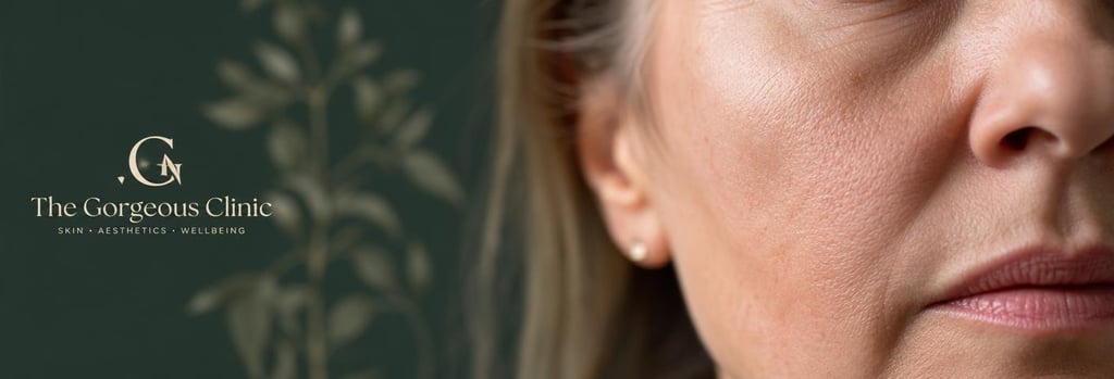 Photorealistic macro image of mature skin texture in soft clinical lighting, single focal point on cheek texture and natural pores, editorial detail shot, forest green and cream tones in background blur, premium clinical-aesthetic feel, realistic skin, no heavy retouching