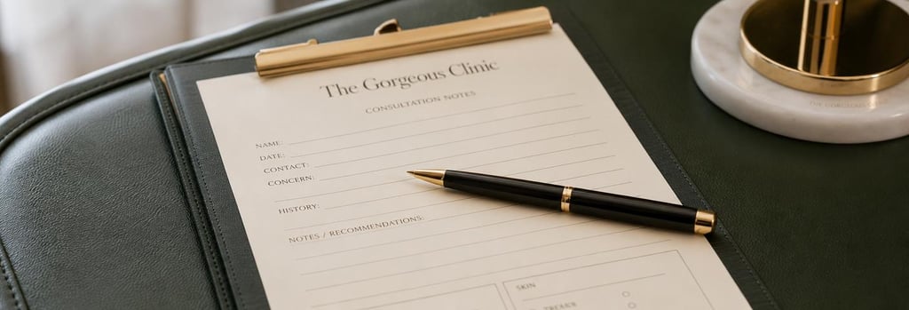 Photorealistic close-up of refined consultation notes and a polished pen on a cream consultation form, clinic surface with forest green upholstery visible, single focal point, editorial medical-aesthetic still life showing clinic paperwork without readable text, soft flattering light, premium clinical feel, no people