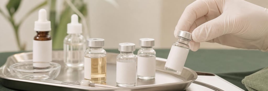 Photorealistic still life of glass vials and gloved hands on a sterile tray, single focal point, warm cream and forest green accents, editorial clinical tools arrangement, soft light, premium editorial medical-aesthetic feel, no branding or readable labels