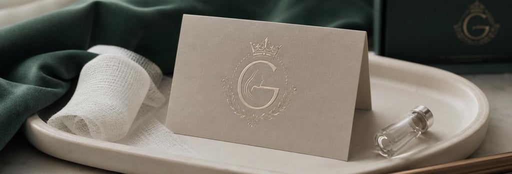 Photorealistic still life of a folded aftercare card on a cream ceramic tray, gauze and a small glass vial nearby, single focal point, soft flattering light, forest green accent fabric, editorial premium clinic detail, no readable text