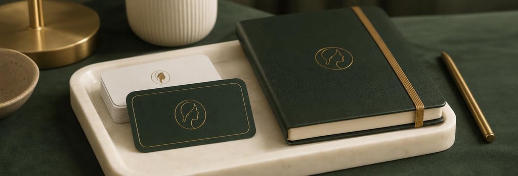 Photorealistic still life of polished appointment cards and a closed consultation notebook on a cream ceramic tray, forest green cloth and brushed gold pen visible, single focal point, editorial clinic texture, generous negative space, premium medical-aesthetics feel, no readable text