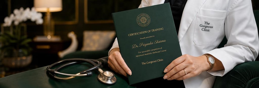 Photorealistic close-up of a clinician's hands holding a certification folder and a stethoscope resting on a forest green upholstery arm, crisp editorial lighting, premium clinic textures and elegant furniture blurred in background, single focal point, conveys training and governance