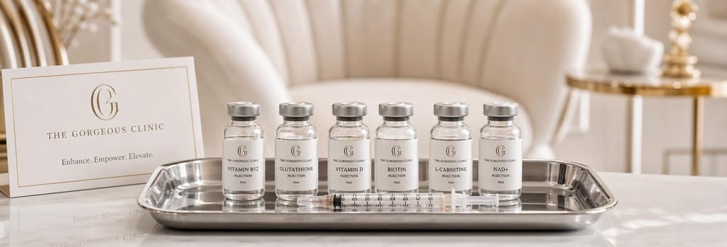 Photorealistic still life of a sterile tray with labelled glass vials and a single syringe, luxe clinic background with elegant furniture textures, warm soft light, premium editorial medical-aesthetics styling, varied subject styling suggestion for diversity across collection