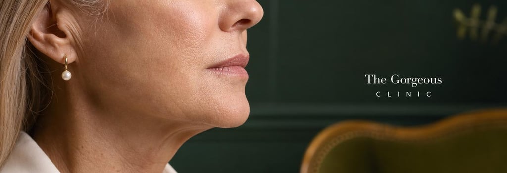 Photorealistic close-up of mature skin texture and a gentle jawline profile in soft clinical lighting, subtle forest green backdrop and elegant furniture suggestion, editorial medical-aesthetics mood, mature subject styling, natural skin texture visible