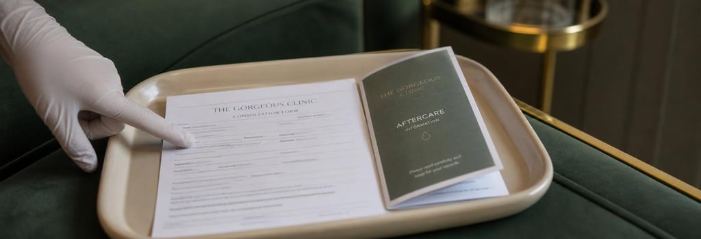 Photorealistic close-up of a consultation form and a folded aftercare leaflet on a cream ceramic tray, a gloved hand pointing to a non-readable line, forest green upholstery and soft gold accents in background, single focal point, editorial clinical detail