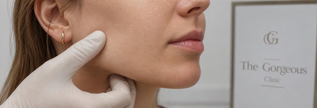 Photorealistic close-up of a clinician's gloved hand palpating the masseter area of a cropped lower face, focus on fingertips and skin texture, neutral clinical background, refined medical-luxury styling, no full faces shown