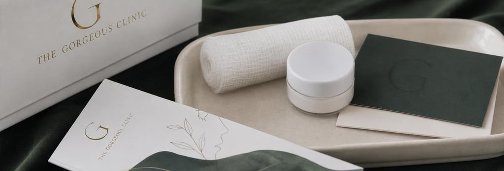 Photorealistic still life of an aftercare kit: soft gauze, cream ceramic tray, appointment card and gentle-care leaflet on a forest green cloth, premium clinical-luxury styling, no readable text, close-up detail
