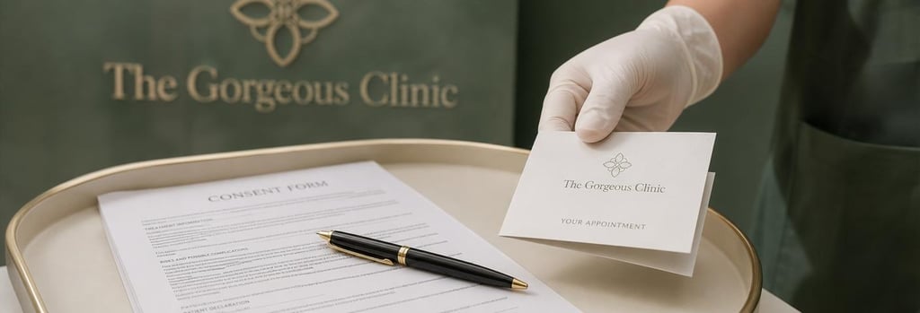 Photorealistic close-up of consultation objects: consent form and pen on a cream tray, folded appointment card, gloved hand offering the card, soft forest green background, editorial clinical-luxury composition