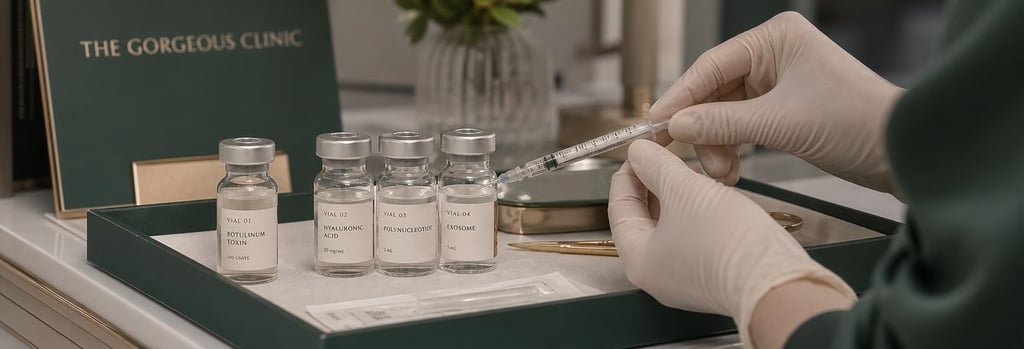 Photorealistic close-up of a sterile tray with labelled glass vials and a single syringe, gloved hands preparing a tiny dose, elegant clinical-luxury styling with forest green and soft cream accents, editorial quality, shallow depth of field, no visible branding