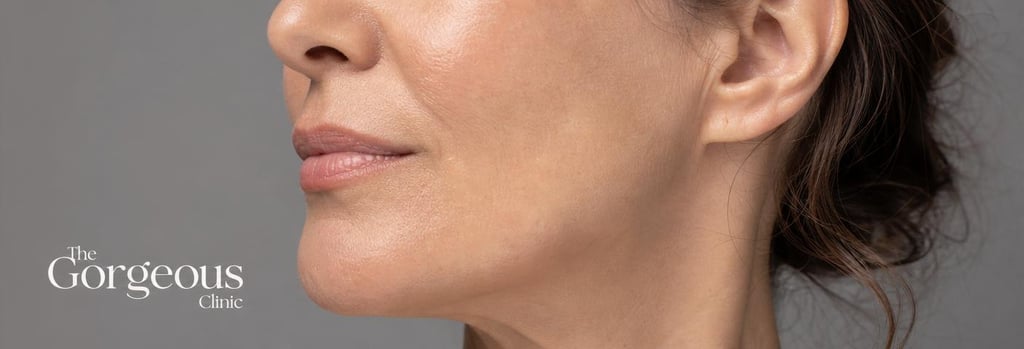 Photorealistic close-up of mature lower-face and jawline in soft clinical light, subtle shadow showing jaw angle and masseter area, natural skin texture, no exaggerated retouching, elegant neutral background, editorial aesthetic.