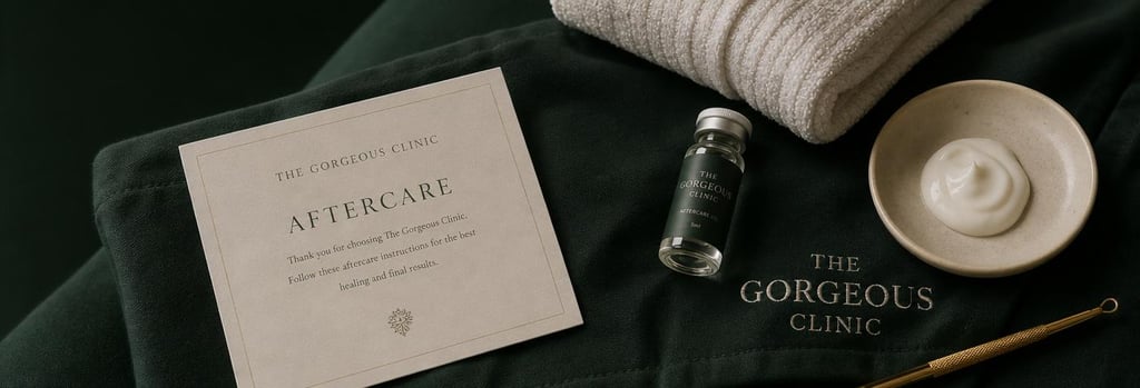 Photorealistic still life of a tasteful aftercare set: cream aftercare card, folded towel, small glass vial, gentle cream ceramic dish, forest green clinic fabric, soft gold clinical tool, editorial close-up with negative space.