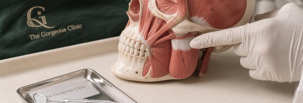 Photorealistic close-up of polished anatomical model detail: partial jaw and muscle study on a neutral cream surface, subtle forest green clinic fabric in background, small sterile tray with gloved hand pointing at the masseter area, soft clinical lighting, editorial medical-luxury feel.