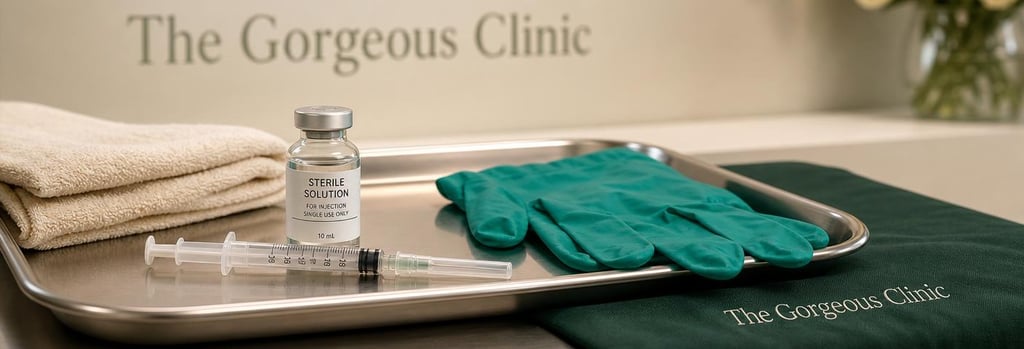 Photorealistic still life of a sterile tray: single syringe with capped needle, clear vial labelled generically (no brand), pair of nitrile gloves, folded cream towel, forest green clinic cloth, soft focused background, editorial medical feel.