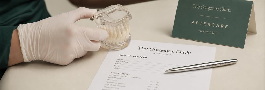 Photorealistic close-up of clinician's gloved hand palpating a model jaw on a consultation form, neutral cream background, forest green fabric hint, polished pen and folded aftercare card visible, editorial consult-detail composition.
