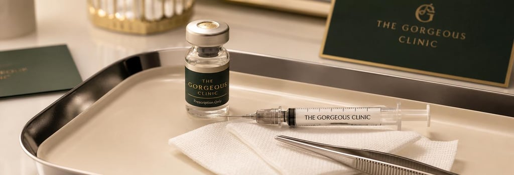 Photorealistic still life of a sterile tray with a small glass vial, a single labelled syringe lying beside sterile gauze, warm cream and forest green accents, polished metal instruments, editorial clinical-luxury mood, no people