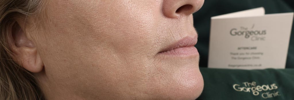 Photorealistic macro of mature cheek and jawline skin texture in soft clinical lighting, subtle wrinkles and pores visible, forest green cloth and a folded cream aftercare card in soft focus, editorial medical texture study