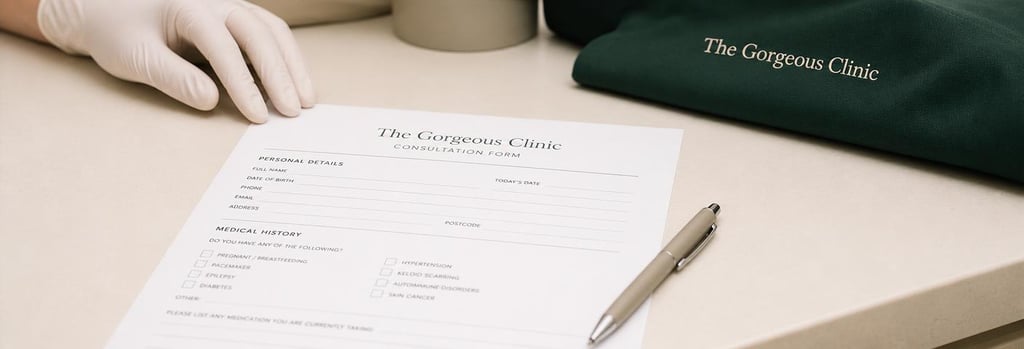 Photorealistic close-up of a polished consultation form and a neutral-toned pen on a cream clinical surface, a single gloved hand in soft focus, subtle forest green cloth in background, editorial medical aesthetic feel, generous negative space, realistic textures