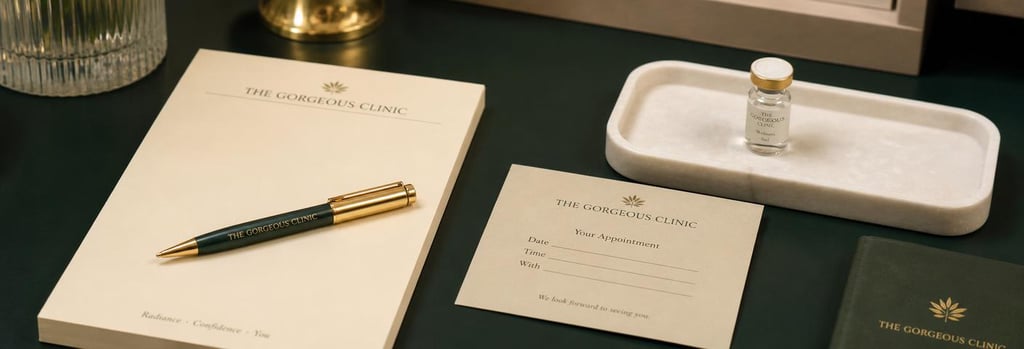 Photorealistic still life of a neat consultation desk: cream notepad, neutral appointment card, a pen, and a small vial on a sterile tray, soft forest green and warm gold accents, editorial clinic detail, calm lighting