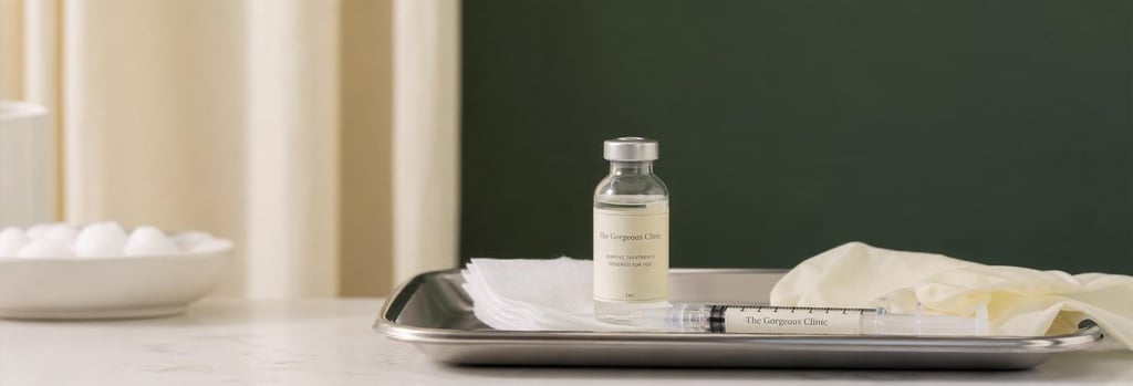 Photorealistic still life of sterile tray with a single labelled (non-branded) syringe, glass vial, gauze and gloves, soft cream and forest green backdrop, editorial clinical composition, single focal point, negative space, premium aesthetic