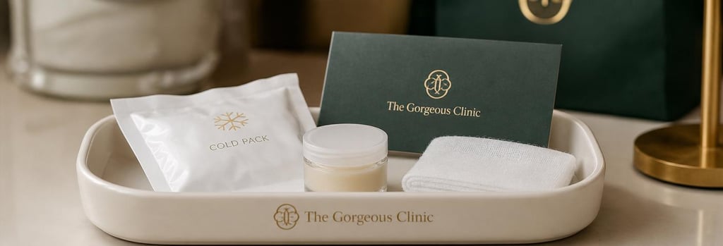 Photorealistic aftercare still life, soft cream ceramic tray with a cold pack, small jar of neutral balm, sterile gauze and an appointment card (no readable text), warm gold and forest green accents, premium clinical feel, single focal point