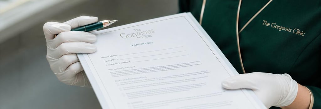 Photorealistic close-up of a clinician's gloved hands holding a consent form and a pen, cropped to show hands only, elegant forest green uniform detail, soft clinical lighting, editorial composition emphasizing care and professionalism