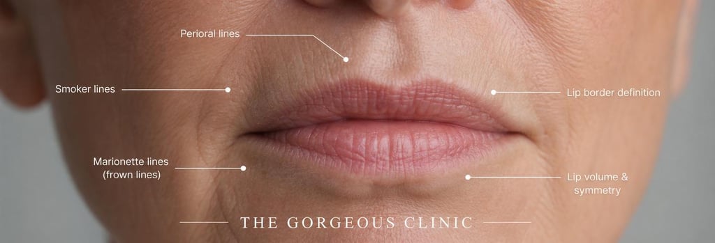 Photorealistic macro image of mature skin texture around the mouth, soft focus on perioral lines and lip border, clinical lighting, editorial tone, highlighting areas that may benefit from subtle dermal filler
