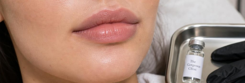 Photorealistic close-up of lips in soft clinical lighting, natural texture, no exaggerated volume, subtle sheen, shallow depth of field, clinical-luxury editorial feel, small sterile tray with a vial and gloves visible at edge