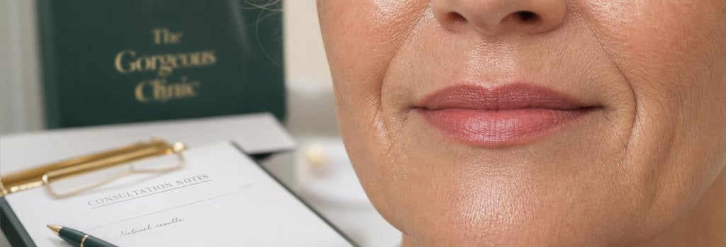 Photorealistic close-up of mature skin around the mouth, gentle smile lines, clinical texture detail, neutral cream and forest green accents, editorial composition with consultation notes blurred in background