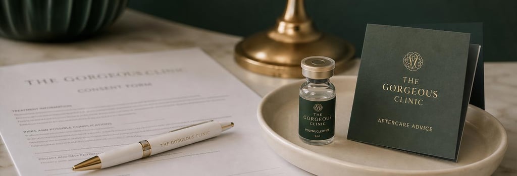 Photorealistic still life of consultation objects: consent form blurred, sterile pen, folded aftercare card and a small clinical vial on a cream ceramic tray, warm gold and forest green accents, editorial medical-luxury composition