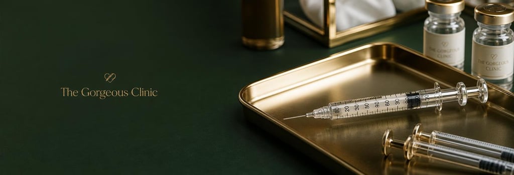 Photorealistic still life of polished syringes on a sterile tray, single focal syringe with soft reflections, forest green and warm gold tones, editorial premium clinical feel, negative space for headline