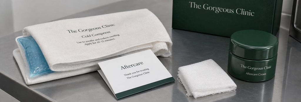 Photorealistic close-up of aftercare items: cold pack wrapped in a cloth, small aftercare leaflet (unreadable), gauze and cream ceramic jar on a polished medical surface, soft clinical lighting, forest green accent