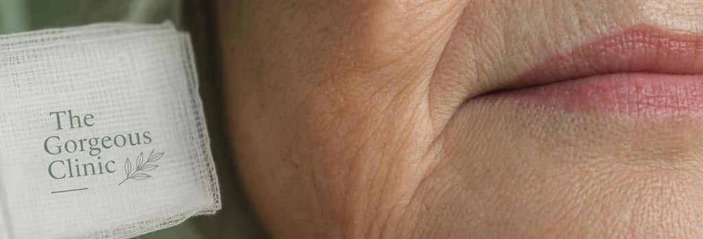 Photorealistic macro image of mature skin texture near the mouth, showing natural creases and a small, tasteful sterile gauze pad to one side, gentle forest green and cream tones, editorial medical detail emphasising texture and realism without graphic injury.