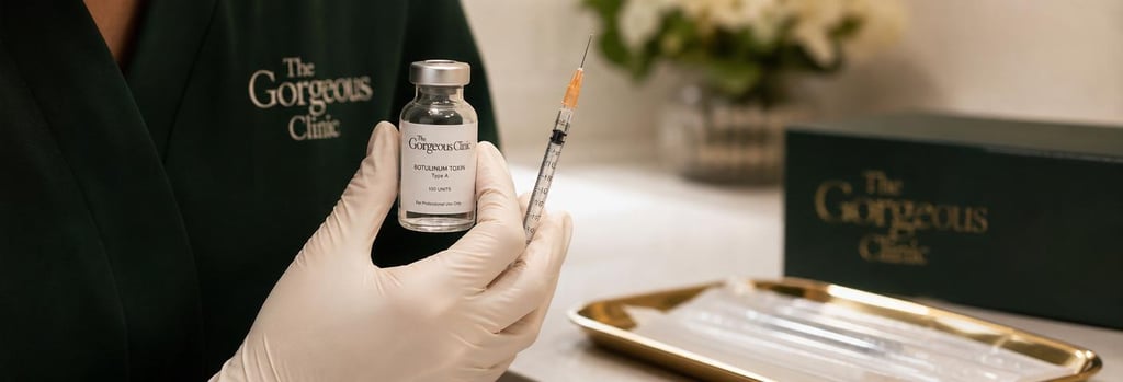 Photorealistic close-up of a clinician's gloved hand holding a sterile vial and small syringe over a neat treatment surface, forest green and warm cream tones, editorial medical feel, cropped anonymous view emphasising professional care.