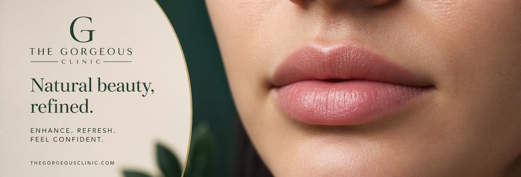 Photorealistic close-up of lips in soft clinical lighting showing natural texture and slight gloss, subtle swelling visible without exaggeration, cropped anonymous lower face, warm cream and forest green background accents, editorial detail, realistic skin pores, calm professional look.