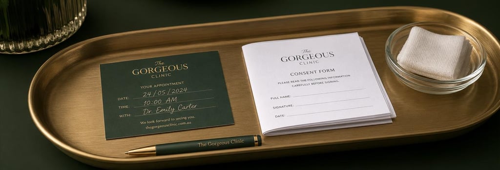 Photorealistic still life of a clinic appointment card and a neatly folded consent form on a brushed gold tray, forest green background, small pen and sterile gauze visible, editorial and professional, single focal point.