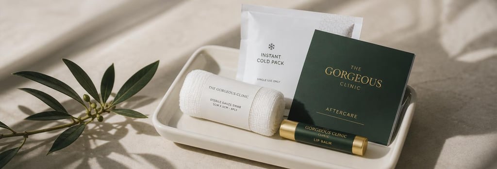 Photorealistic still life of an aftercare kit on a cream ceramic tray: sterile gauze, small cold pack, neutral lip balm tube and a folded aftercare card, forest green and warm gold accents, editorial medical-luxury styling, single focal point with negative space.
