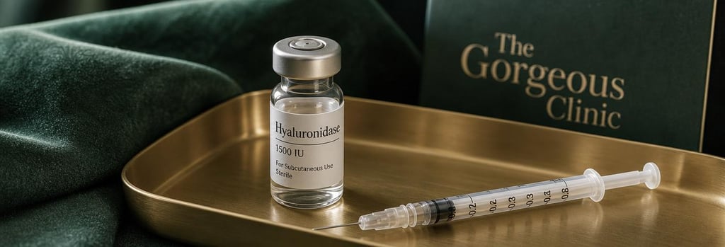 Photorealistic still life of a small vial labelled as generic hyaluronidase (no readable branding), a sterile syringe beside it on a brushed gold tray, forest green cloth in the background, editorial medical-luxury mood, shallow depth-of-field