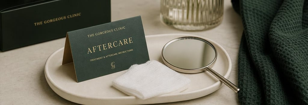 Photorealistic still life of consultation objects: a folded aftercare card, a clean mirror, and a sterile gauze on a cream ceramic tray, forest green fabric accent, editorial clinical detail, shallow depth-of-field