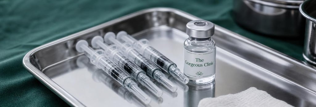 Photorealistic still life of a sterile tray with polished syringes and a single glass vial, soft clinical reflections, forest green surgical drape edge visible, editorial medical-luxury mood, shallow depth-of-field, clean composition