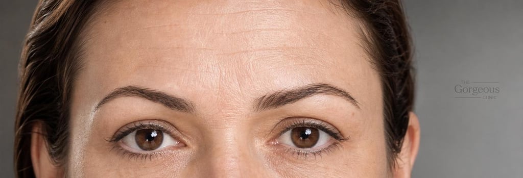 Photorealistic close-up of mature skin forehead and eye area, subtle forehead lines visible, soft clinical lighting, shallow depth of field, emphasis on realistic skin texture, no branding, editorial clinic feel, anonymous partial face.