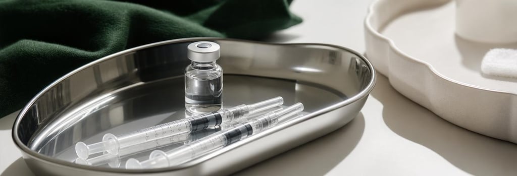 Photorealistic still life of a polished metal tray with sterile syringes and a small glass vial, soft cream ceramic tray nearby, forest green cloth in background, editorial clinical feel, no readable labels, single focal point.