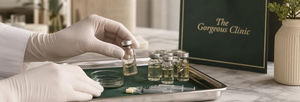 Photorealistic still life of glass vials and gloved hands on a sterile tray, soft cream and forest green accents, editorial clinical lighting, single focal point, no readable labels or branding, premium medical aesthetic feel.