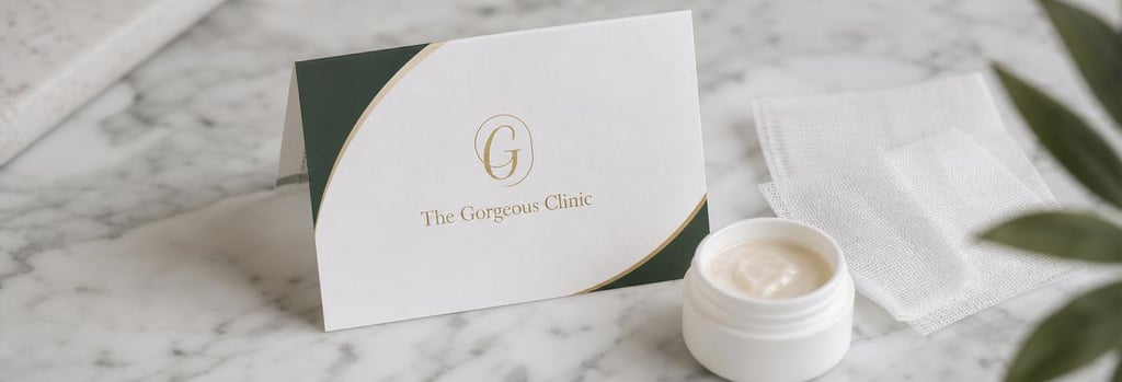 Photorealistic close-up of a folded aftercare card, gauze and a small pot of neutral cream on a marble clinical surface, soft gold and forest green accents, editorial composition, single focal point, no readable text.