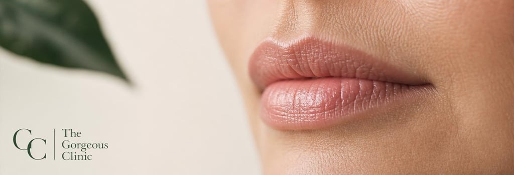 Photorealistic close-up of lips in soft clinical lighting, natural mature lip texture visible, subtle gloss, calm cream and forest green tones, single focal point, negative space, editorial medical-aesthetic feel.