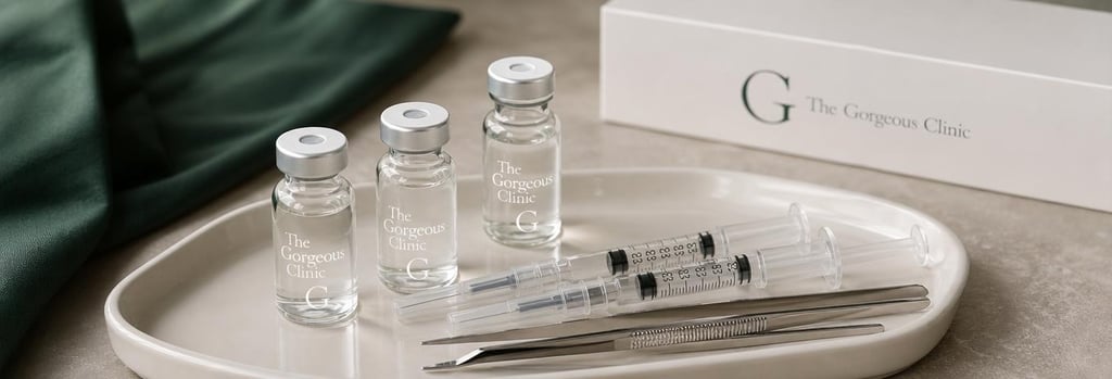 Photorealistic still life of glass vials and a sterile tray with syringes, polished instruments, cream ceramic tray, forest green cloth accent, soft clinical lighting, single focal point, premium editorial look.